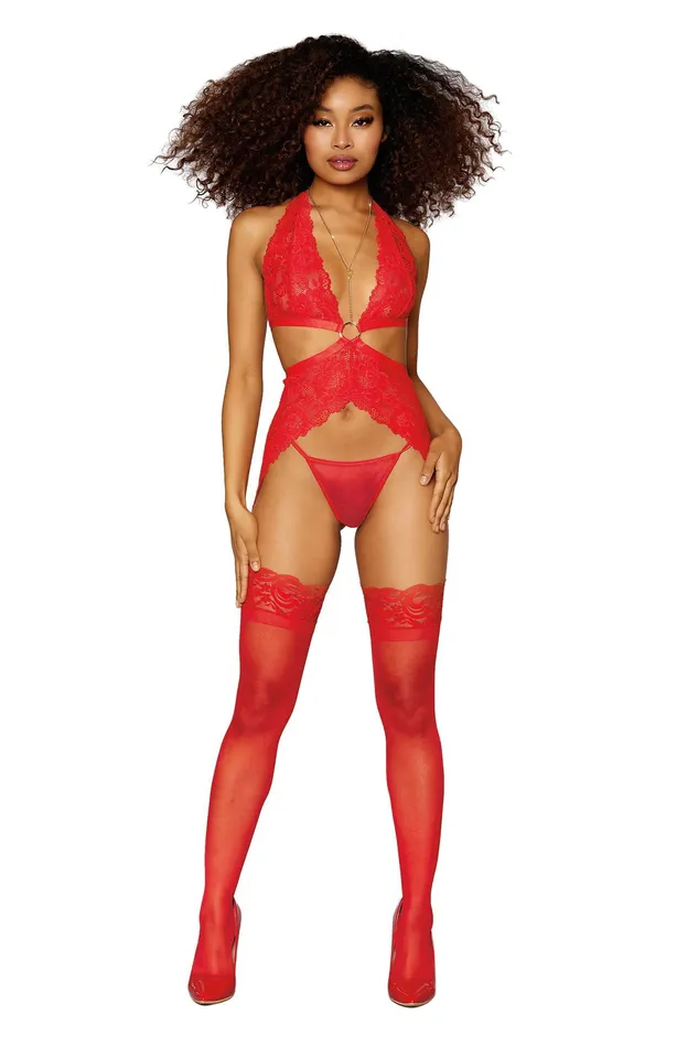 2024 Holiday Sale Vibrators Garter Slip and GString One Size Lipstick Red