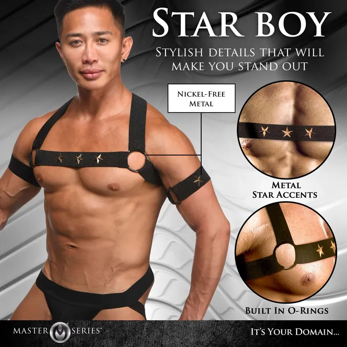 XR Brands Master Series Female Sex Toys Star Boy Male Chest Harness With Arm Bands Largexlarge Black
