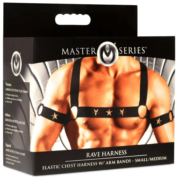 XR Brands Master Series Female Sex Toys Star Boy Male Chest Harness With Arm Bands Largexlarge Black